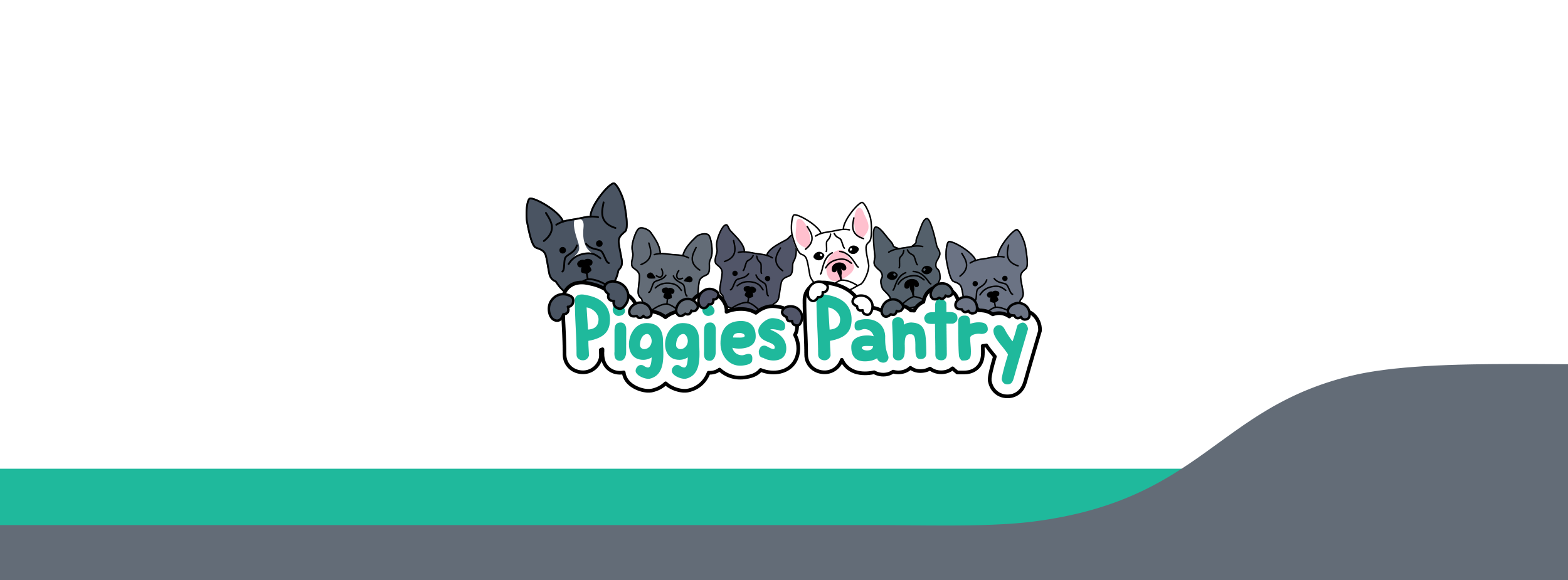 image is of six french bulldogs over the words Piggies Pantry